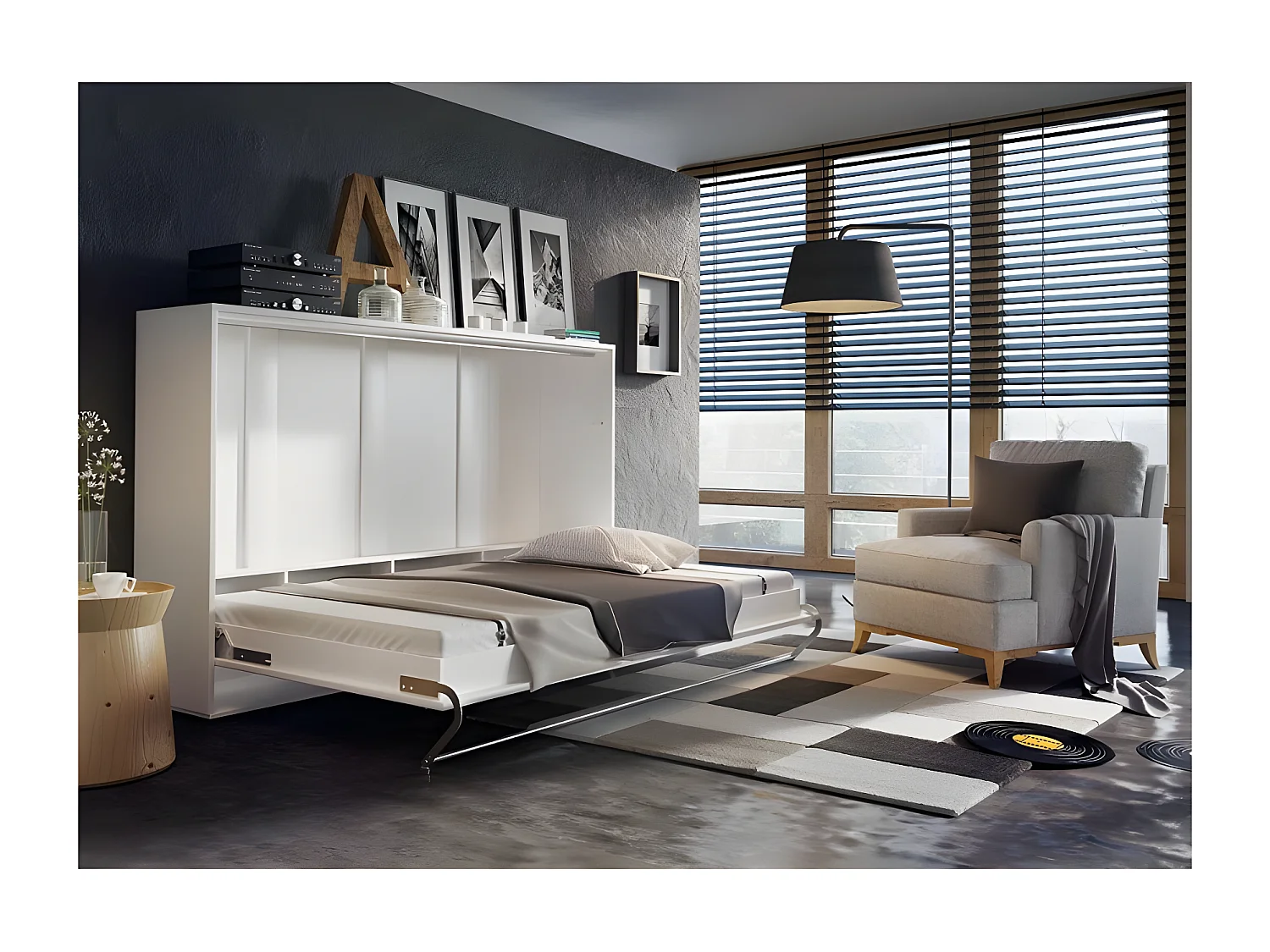 Lenart Lit escamotable MATELAS inclus Horizontal 90x200cm Blanc mat Lit Rabattable Consus pro