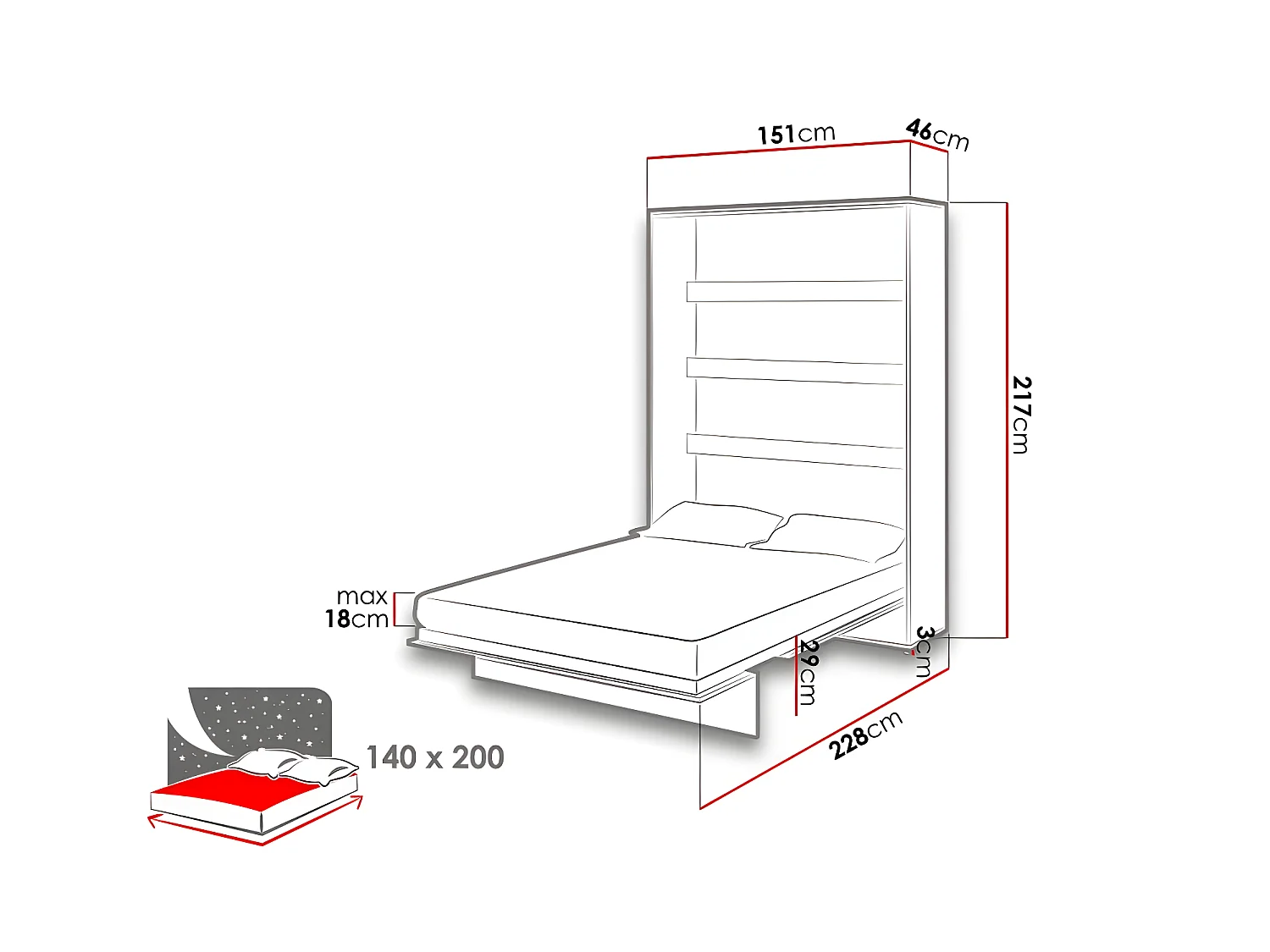 Lenart Lit escamotable MATELAS inclus Vertical 140x200cm Blanc brillant Lit Rabattable"Consus"