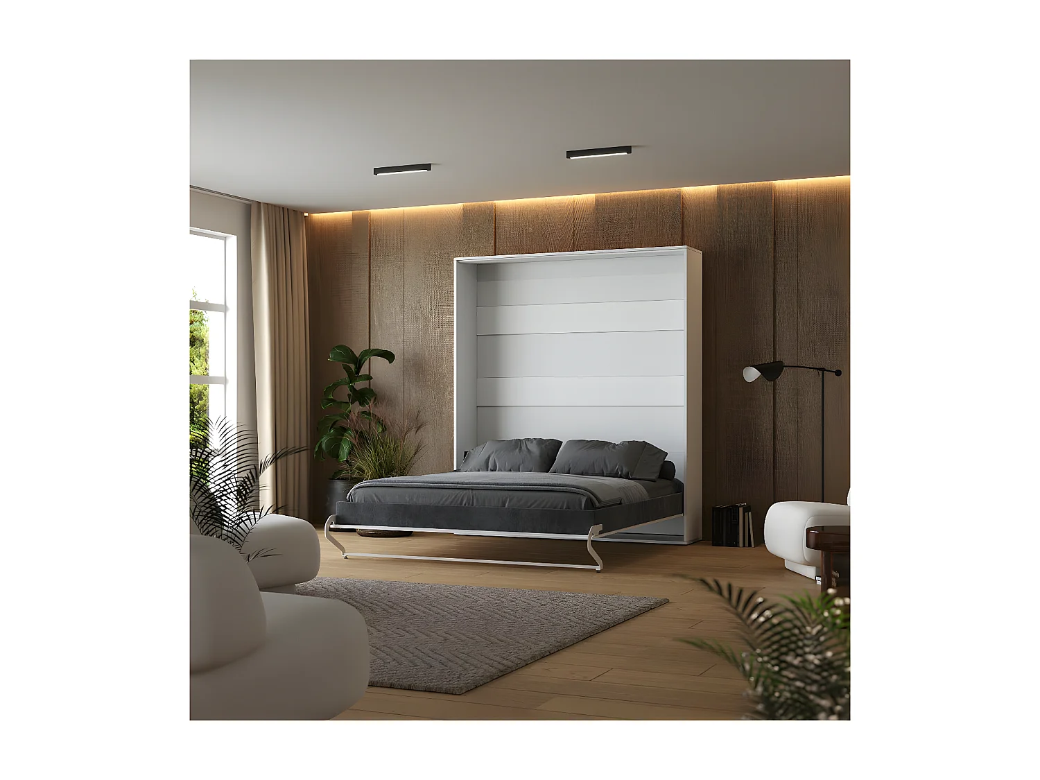 Lit escamotable 180x200cm Vertical Lit Mural SUP M1 avec cadre rembourré Blanc/Blanc brillant