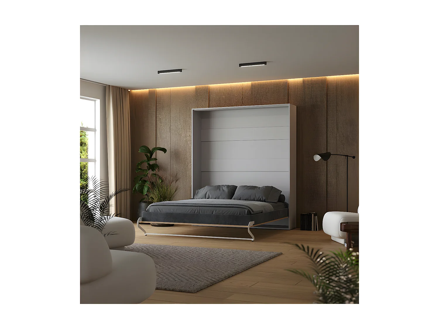 Lit escamotable 180x200cm Vertical Lit Mural SUP M1 cadre rembourré Gris perle/Chêne Kaisersberg