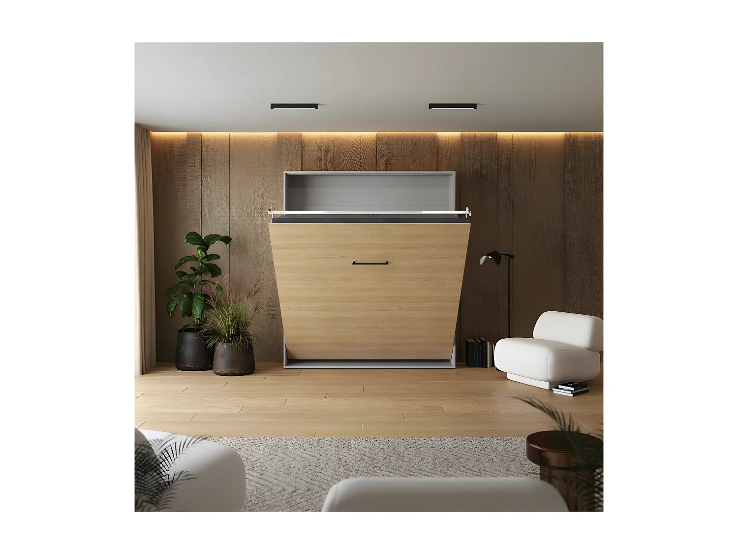 Lit escamotable 180x200cm Vertical Lit Mural SUP M1 cadre rembourré Gris perle/Chêne Kaisersberg