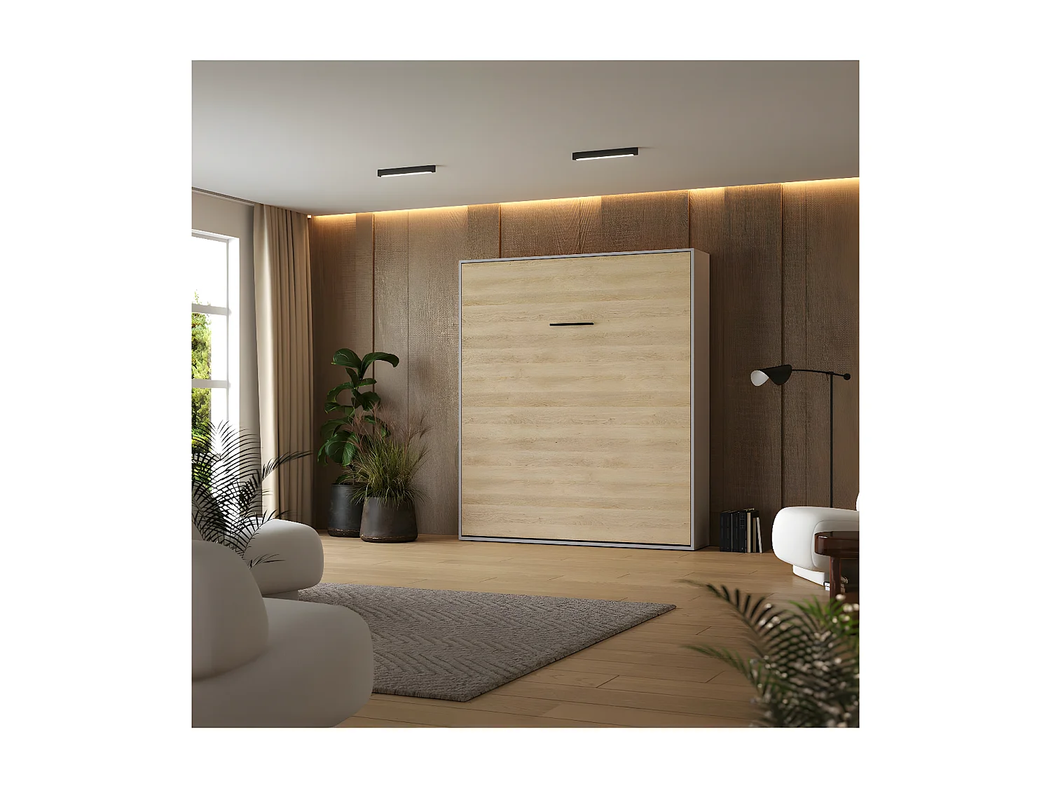 Lit escamotable 180x200cm Vertical Lit Mural SUP M1 cadre rembourré Gris perle/Chêne Kaisersberg