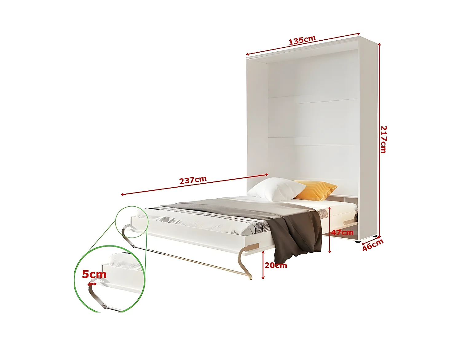 Lenart Lit escamotable MATELAS inclus Vertical 120x200cm Blanc brillant Lit Rabattable Consus pro