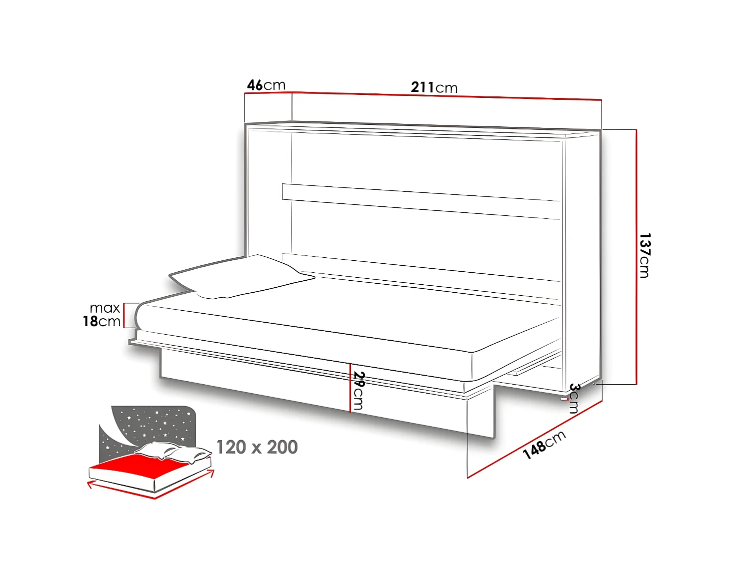 Lenart Lit escamotable MATELAS inclus Horizontal 120x200cm Chêne artisan Lit Rabattable"Consus"