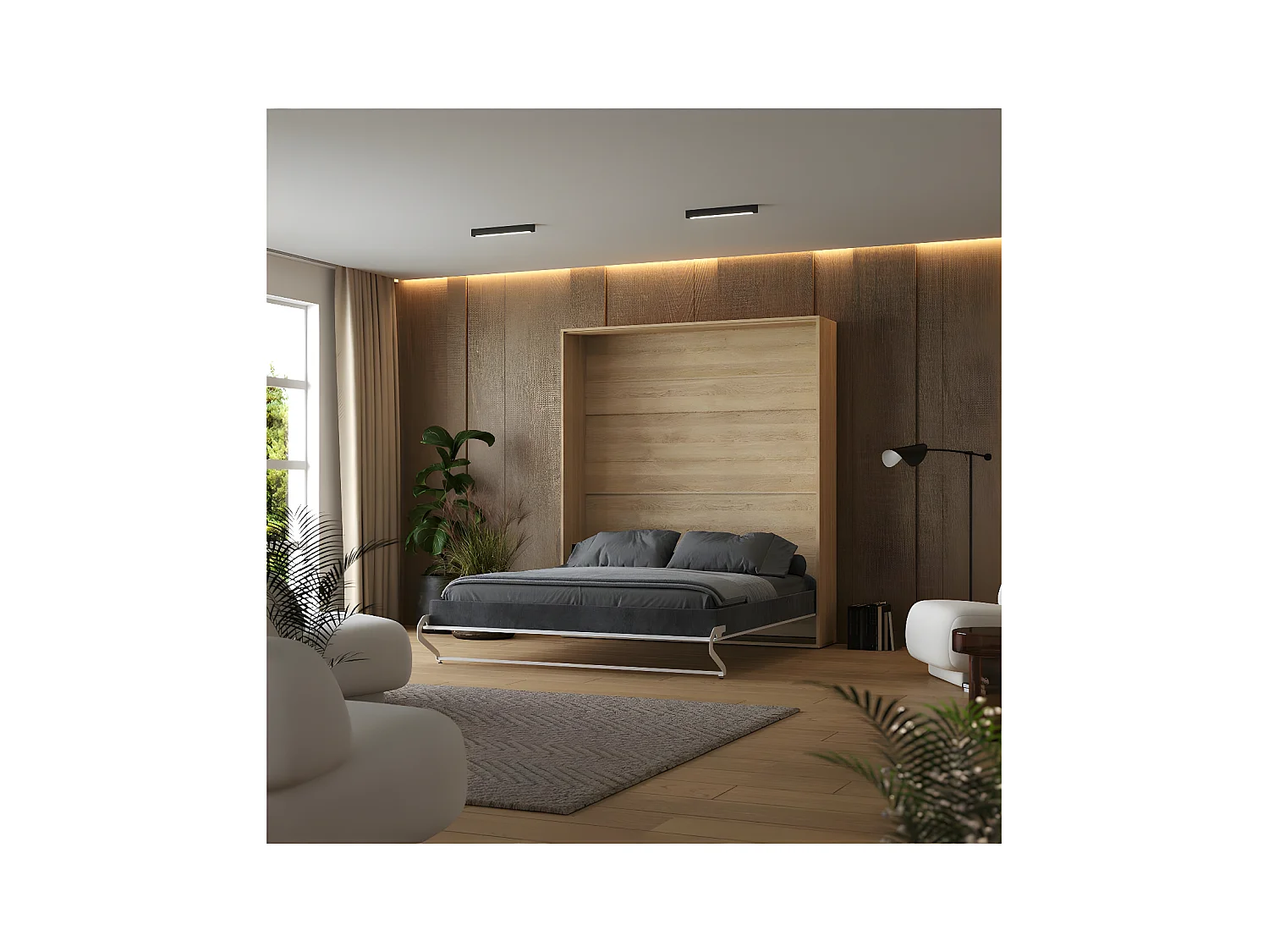 Lit escamotable 180x200cm Vertical Lit Mural SUP M1 cadre rembourré Chêne Kaisersberg/Blanc brillant