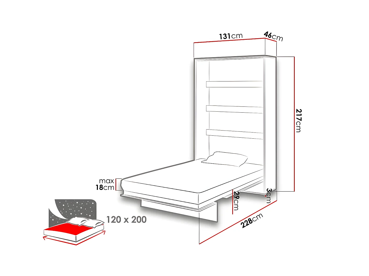 Lenart Lit escamotable MATELAS inclus Vertical 120x200cm Chêne artisan Lit Rabattable"Consus"