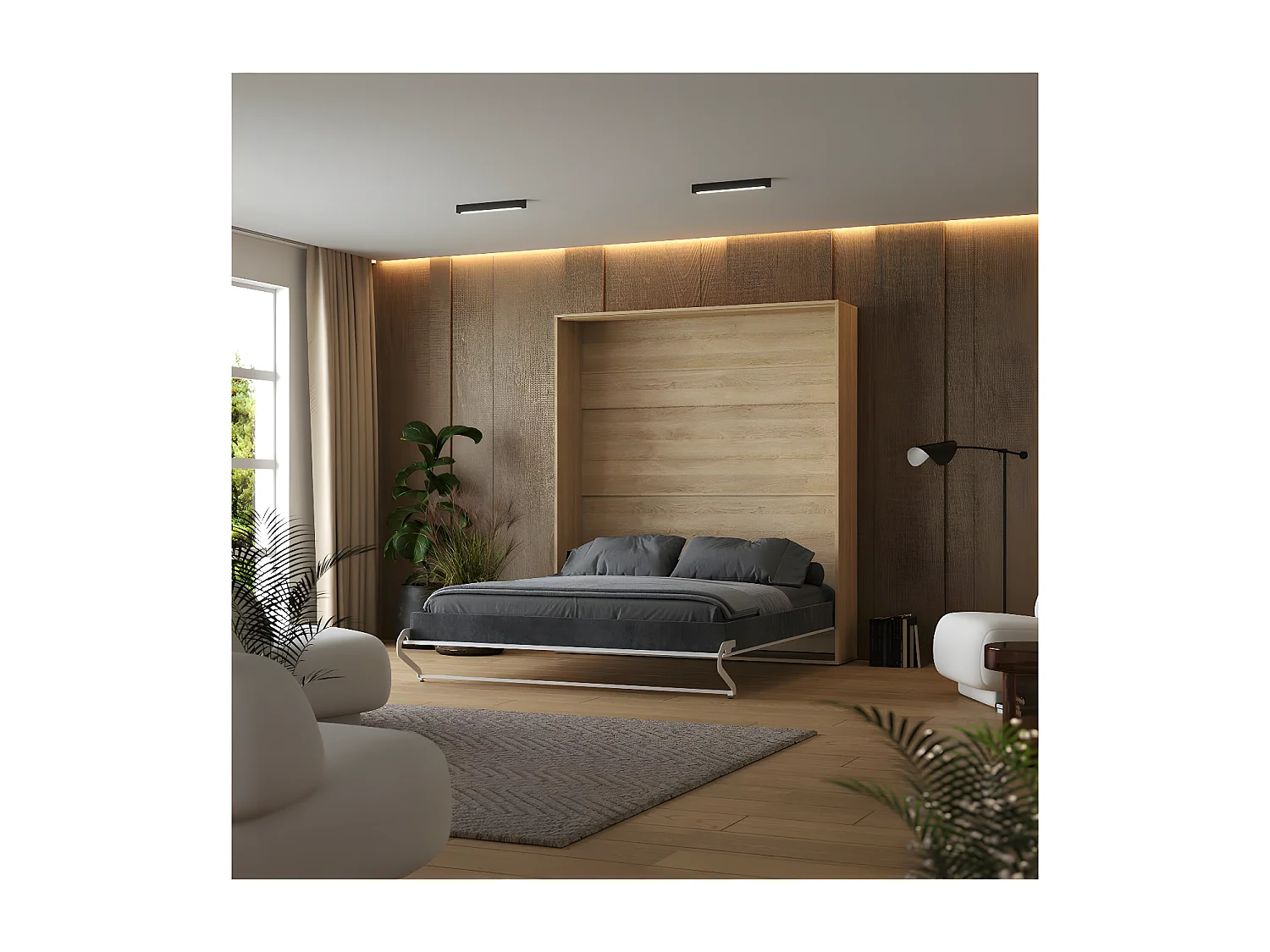 Lit escamotable 180x200cm Vertical Lit Mural SUP M1 cadre rembourré Chêne Kaisersberg/Blanc