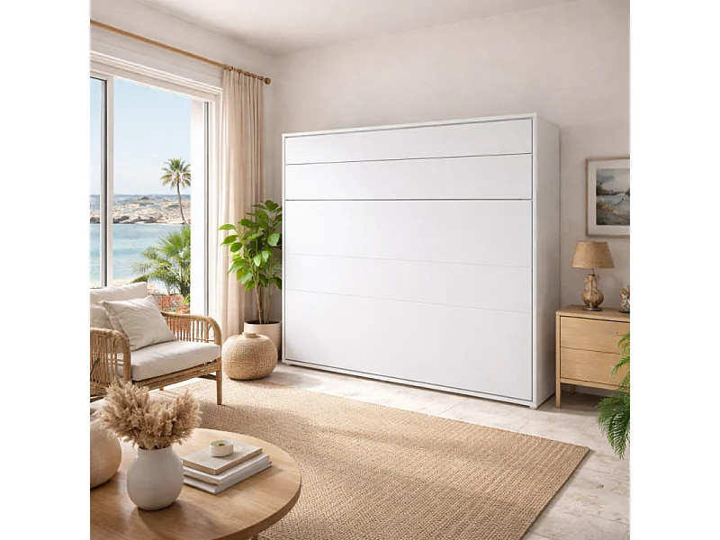 Lenart Lit escamotable MATELAS inclus Horizontal 140x200cm Blanc mat Lit Rabattable"Consus"