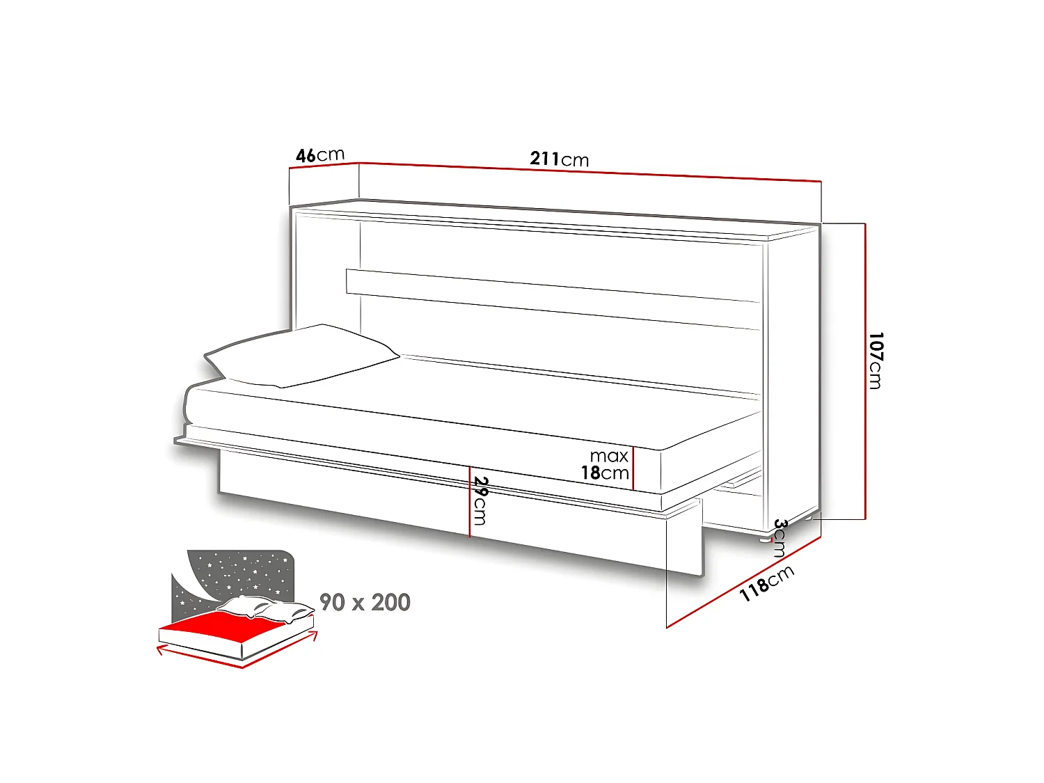 Lenart Lit escamotable MATELAS inclus Horizontal 90x200cm Chêne artisan Lit Rabattable"Consus"