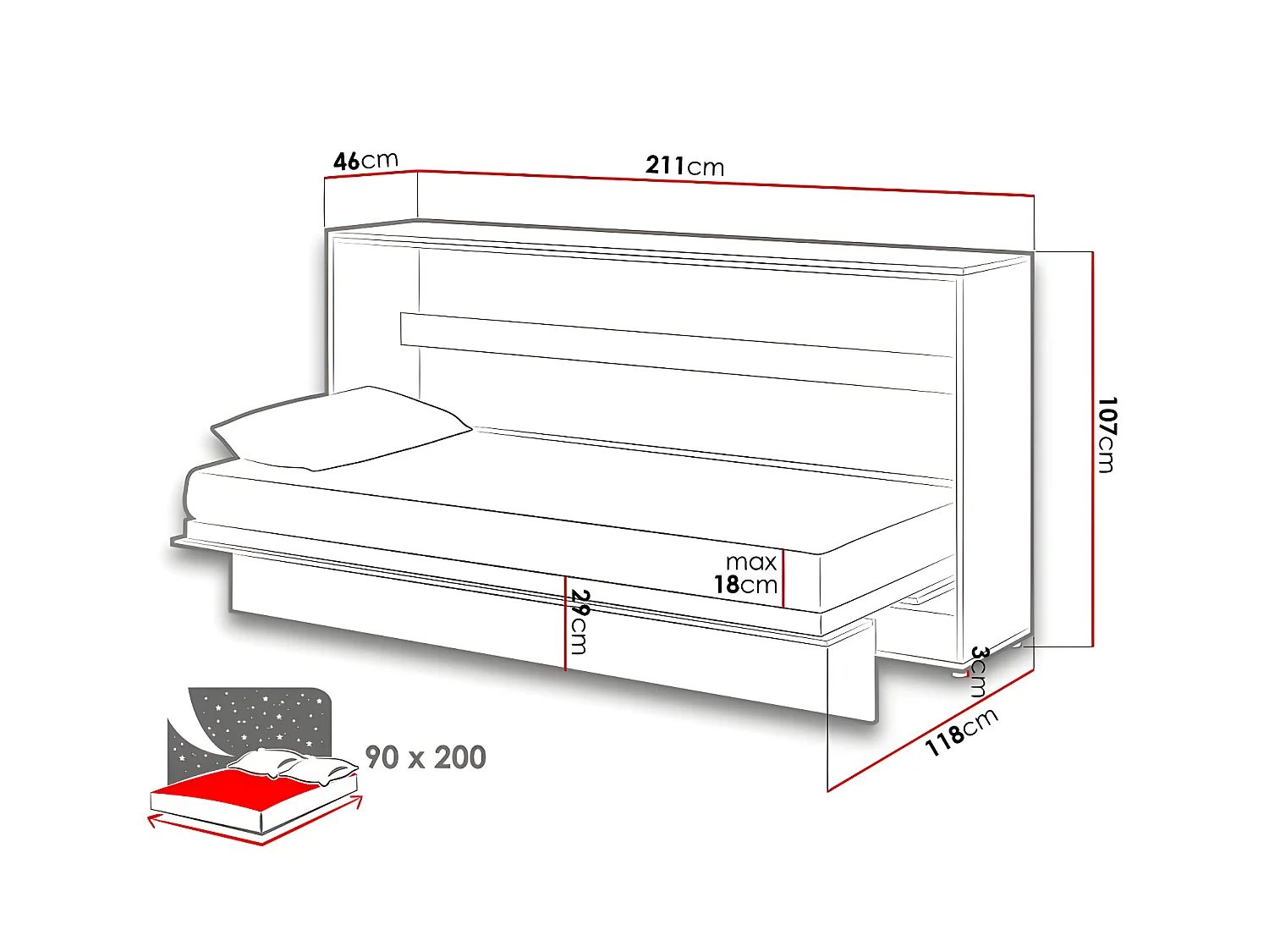 Lenart Lit escamotable MATELAS inclus Horizontal 90x200cm Chêne artisan Lit Rabattable"Consus"