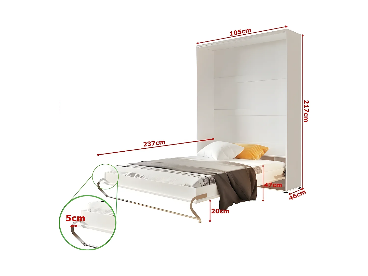 Lenart Lit escamotable MATELAS inclus Vertical 90x200cm Blanc brillant Lit Rabattable Consus pro