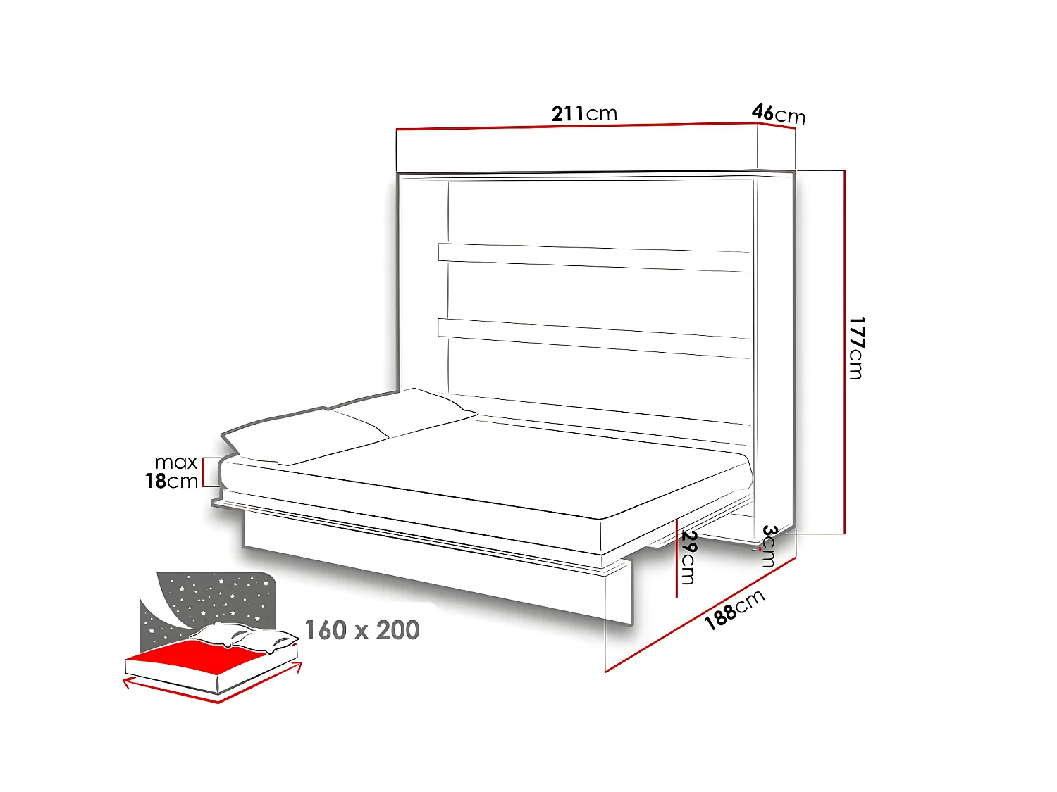 Lenart Lit escamotable MATELAS inclus Horizontal 160x200cm Chêne artisan Lit Rabattable"Consus"