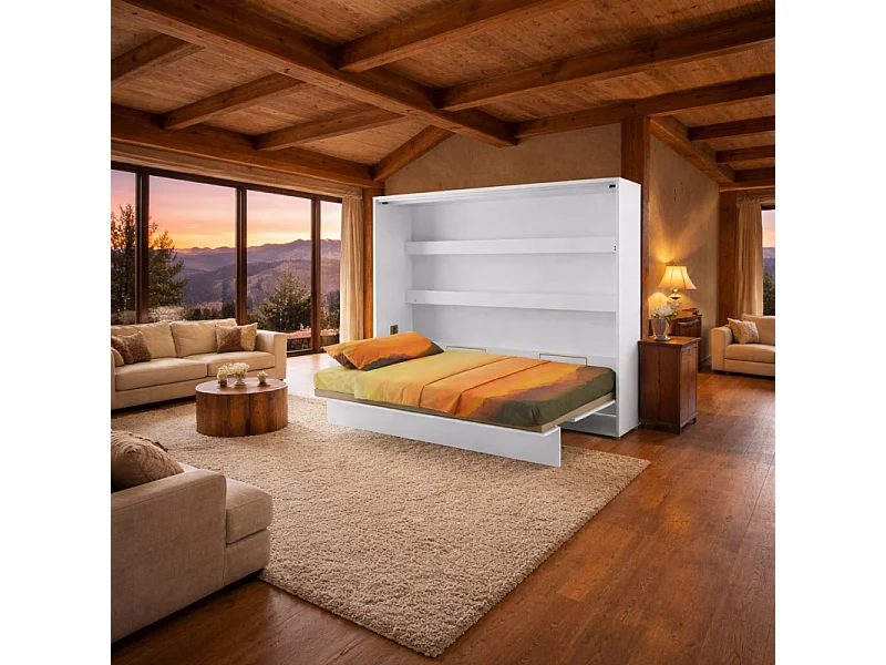 Lenart Lit escamotable MATELAS inclus Horizontal 140x200cm Blanc brillant Lit Rabattable"Consus"