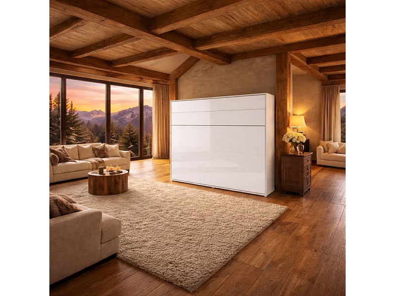 Lenart Lit escamotable MATELAS inclus Horizontal 140x200cm Blanc brillant Lit Rabattable"Consus"