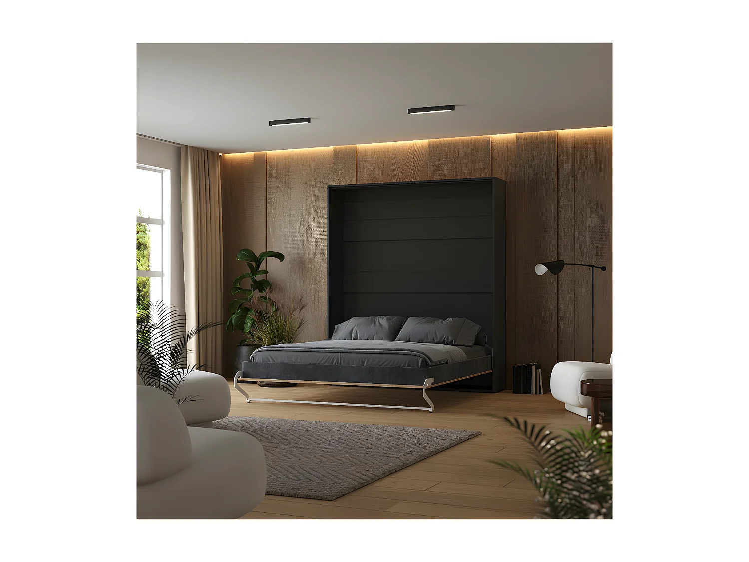 Lit escamotable 180x200cm Vertical Lit Mural SUP M1 cadre rembourré Anthracite/Chêne Kaisersberg