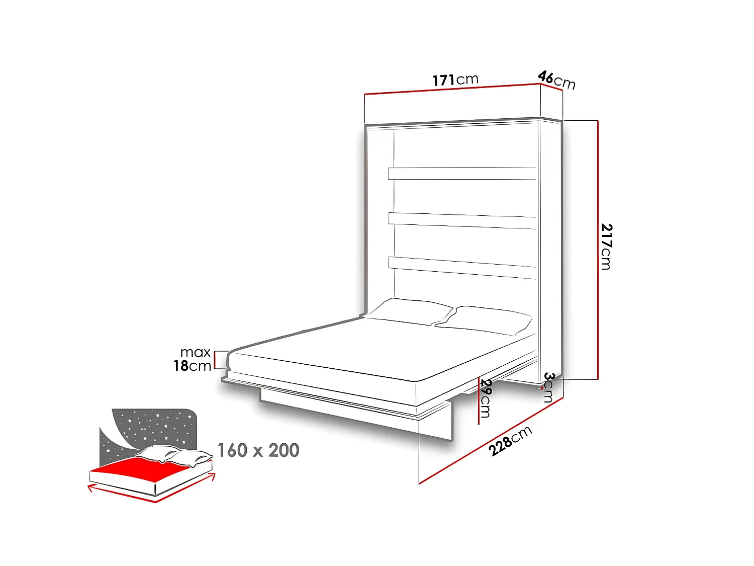 Lenart Lit escamotable MATELAS inclus Vertical 160x200cm Blanc brillant Lit Rabattable"Consus"