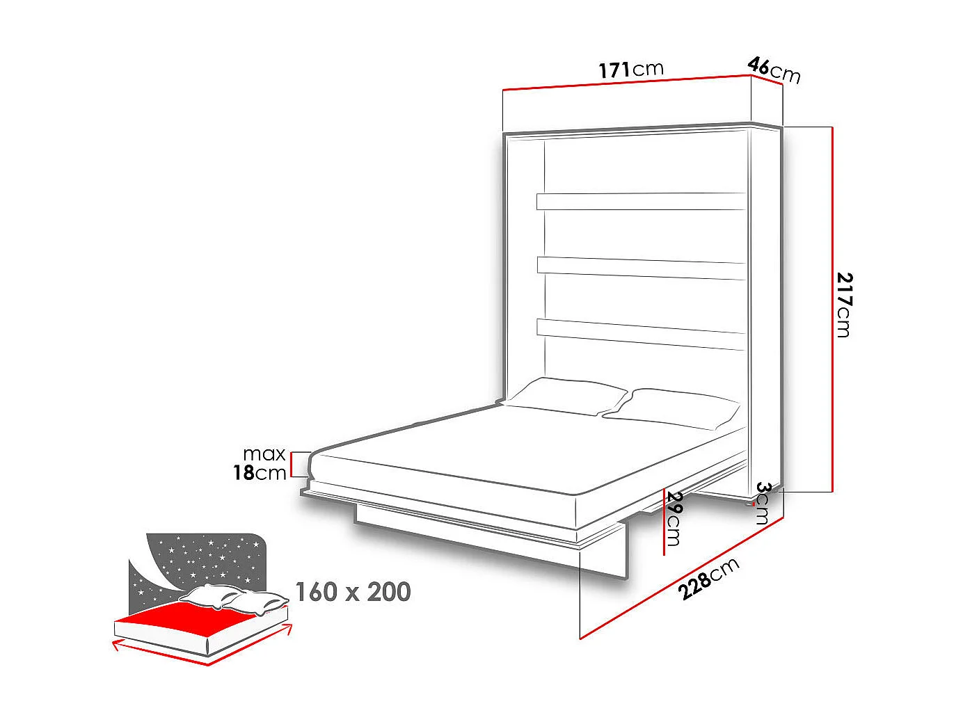 Lenart Lit escamotable MATELAS inclus Vertical 160x200cm Blanc brillant Lit Rabattable"Consus"