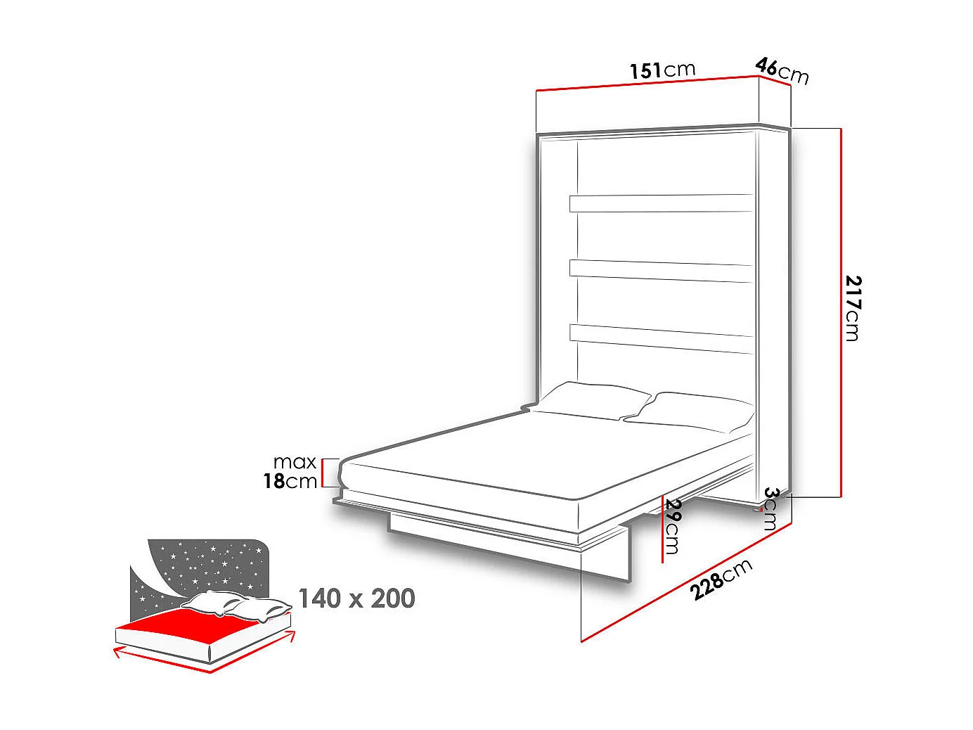 Lenart Lit escamotable MATELAS inclus Vertical 140x200cm Blanc mat Lit Rabattable"Consus"