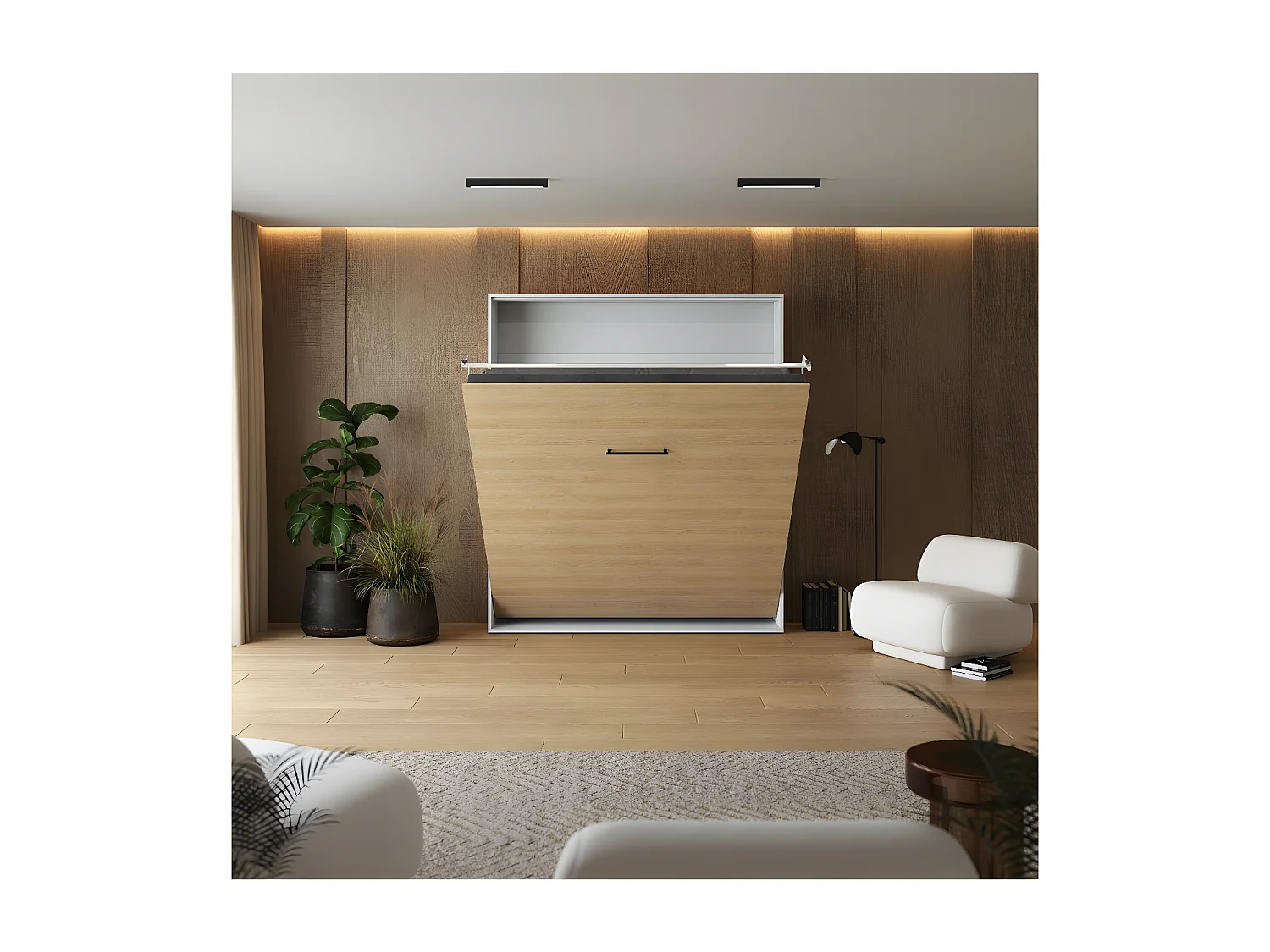 Lit escamotable 180x200cm Vertical Lit Mural SUP M1 cadre rembourré Blanc/Chêne Kaisersberg