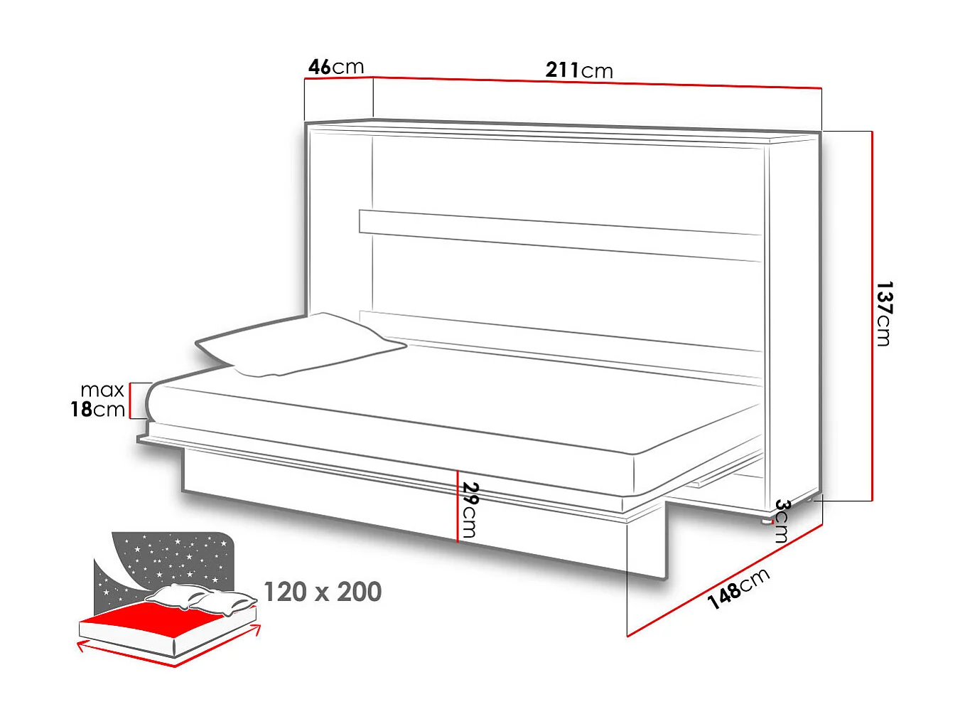 Lenart Lit escamotable MATELAS inclus Horizontal 120x200cm Blanc mat Lit Rabattable"Consus"