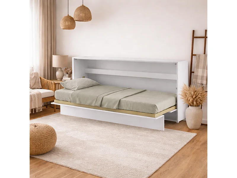 Lenart Lit escamotable MATELAS inclus Horizontal 90x200cm Blanc brillant Lit Rabattable"Consus"