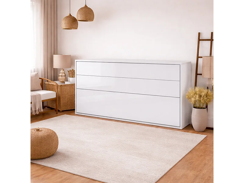 Lenart Lit escamotable MATELAS inclus Horizontal 90x200cm Blanc brillant Lit Rabattable"Consus"
