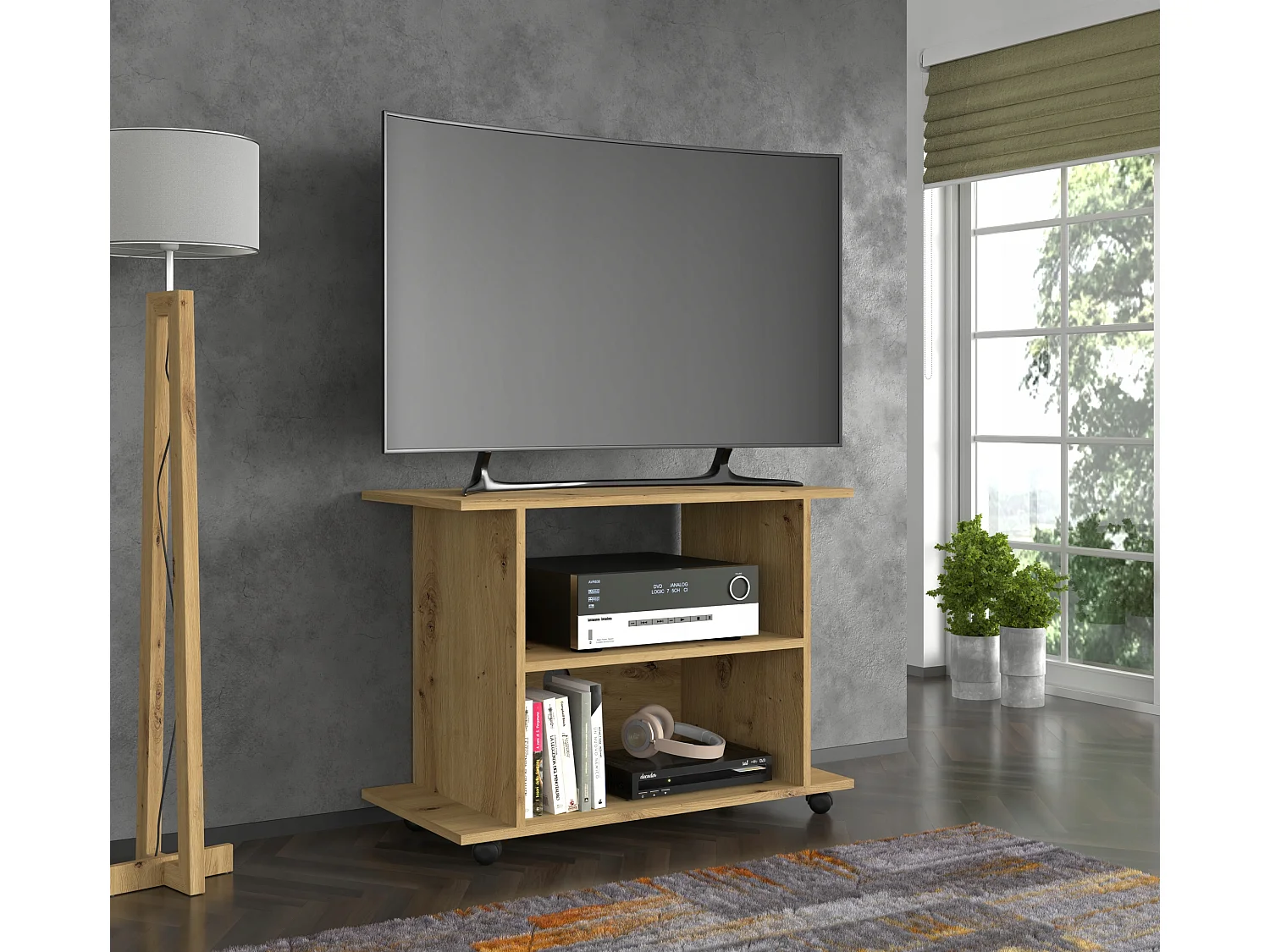 Meuble TV Commode TV Yogi couleur artisan 60x80x40cm (HxlxP) 2étagères avec roues design moderne