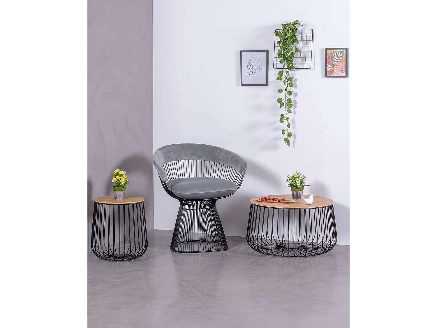 Designer-Sessel mit Samtbezug und Stahlgestell - Albert - Grau