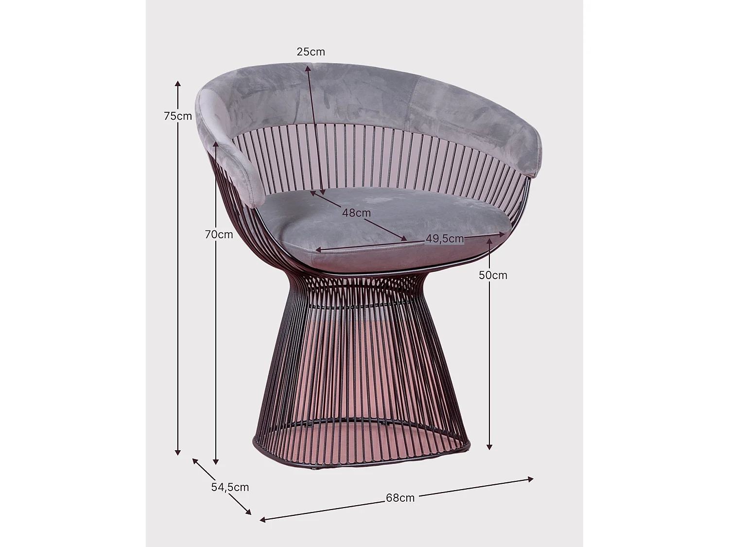 Poltrona de design estofada em veludo e estrutura em aço - Albert - Cinza