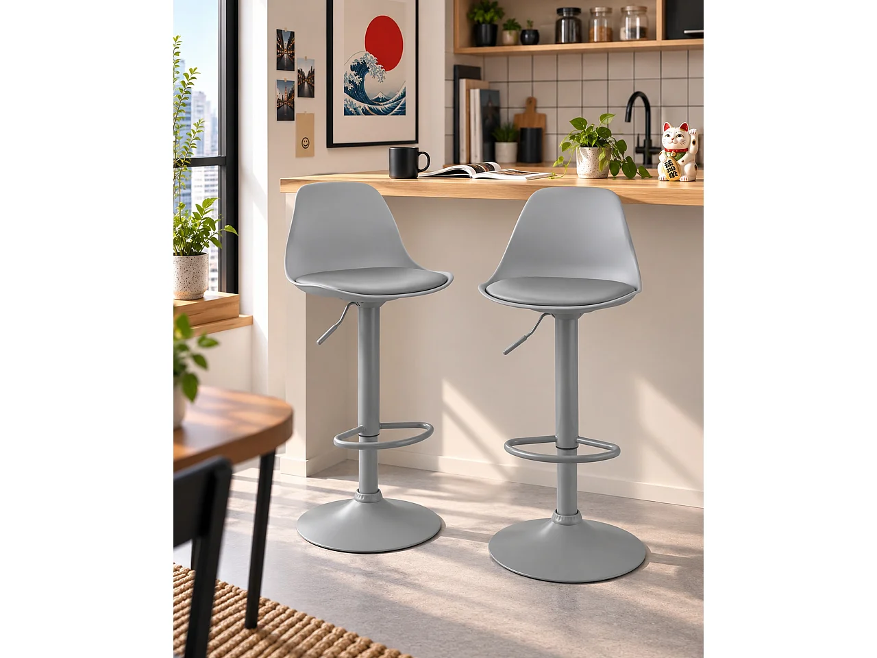 Lot 2 tabourets de bar gris design coussin simili cuir pivotant hauteur réglable SIG (gris intégral)
