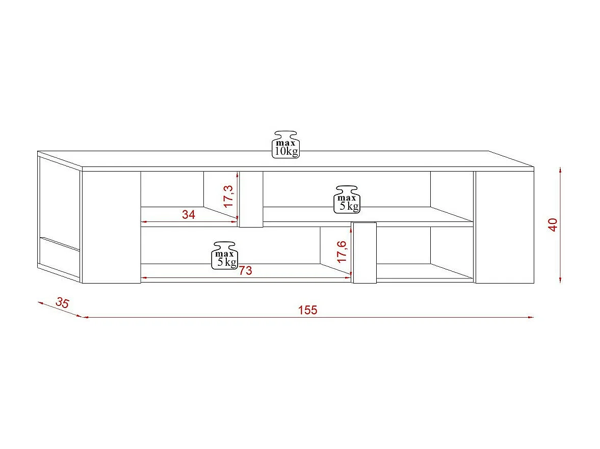 Hängendes TV-Möbel aus der Kollektion CLARA in Weiß, 155 cm mit 6 Fächern