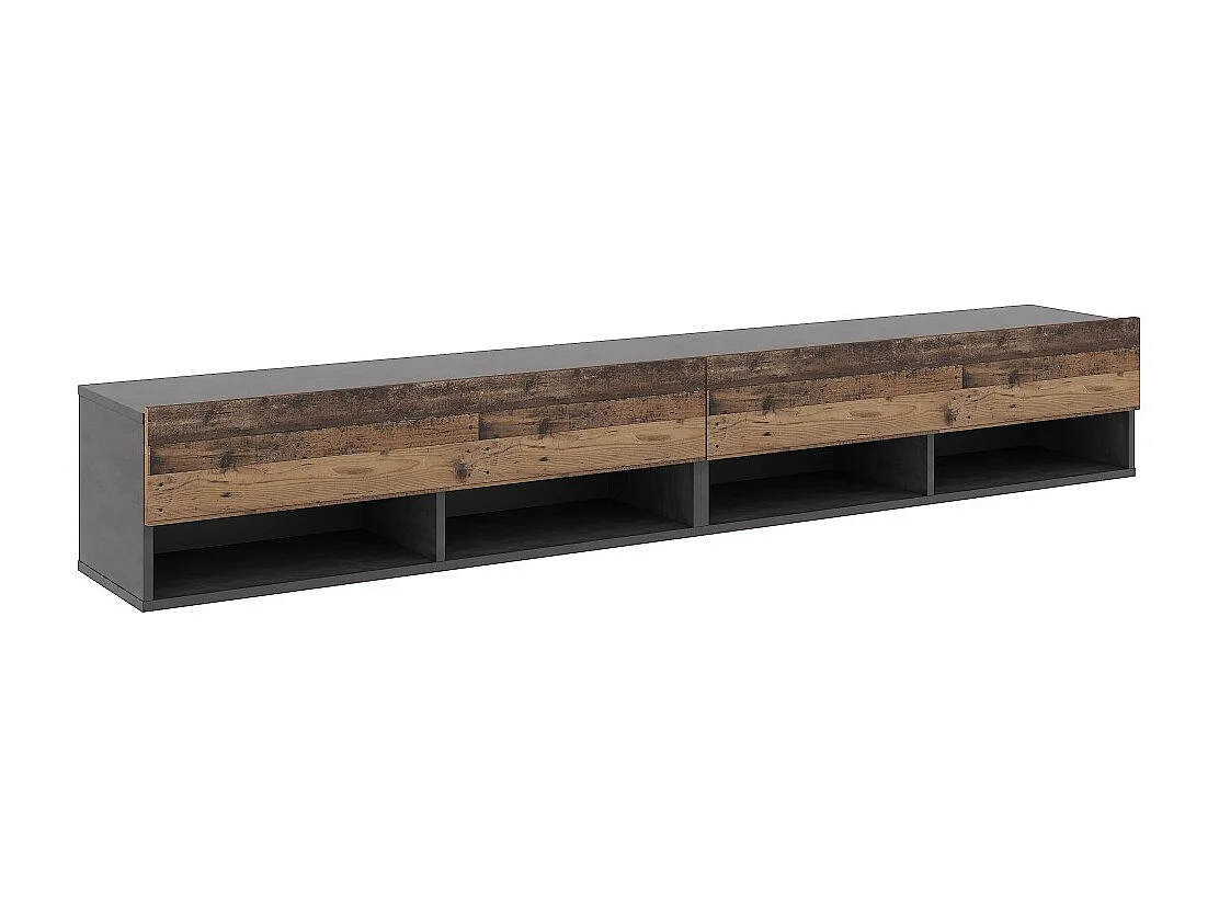 Meuble TV suspendu design CLUJ, 200 cm, 2 portes et 2 niches, coloris chêne vieilli