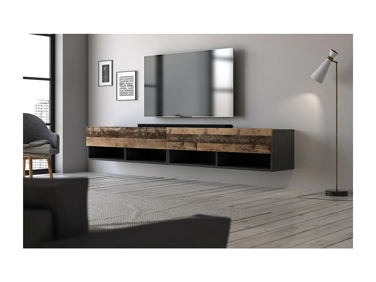 Meuble TV suspendu design CLUJ, 200 cm, 2 portes et 2 niches, coloris chêne vieilli