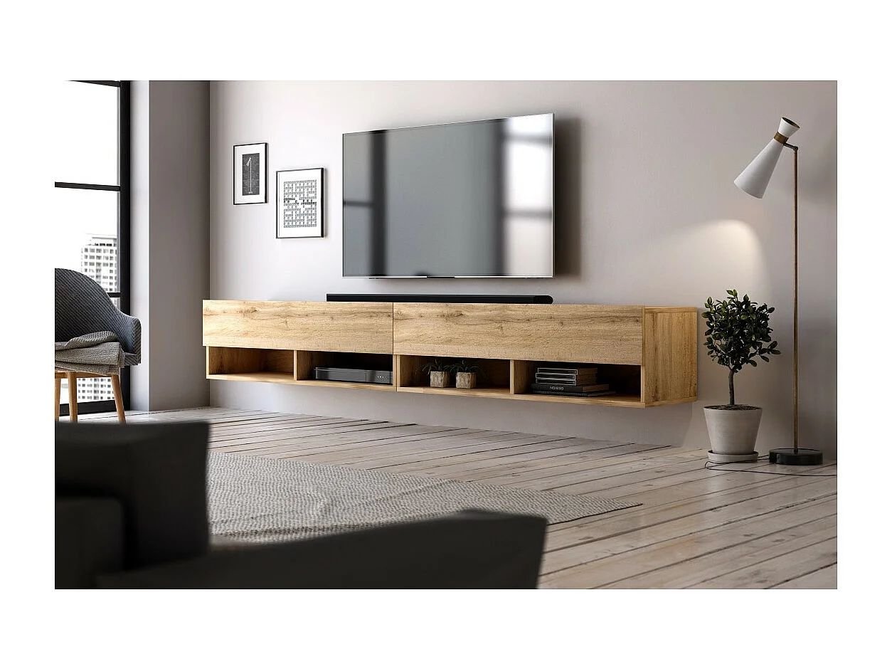 Mobile porta TV sospeso design CLUJ, 280 cm, colore rovere wotan