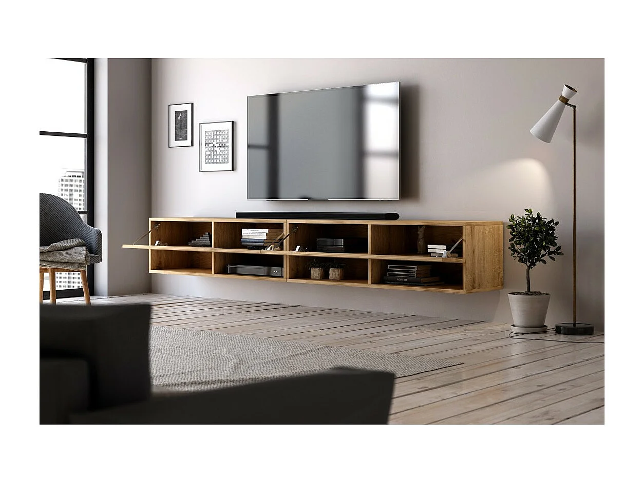 Mobile porta TV sospeso design CLUJ, 280 cm, colore rovere wotan