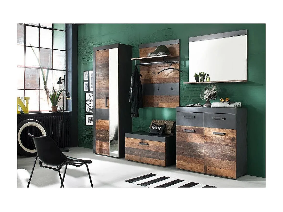 Miroir mural avec étagère mélaminé chêne foncé et gris Orcel