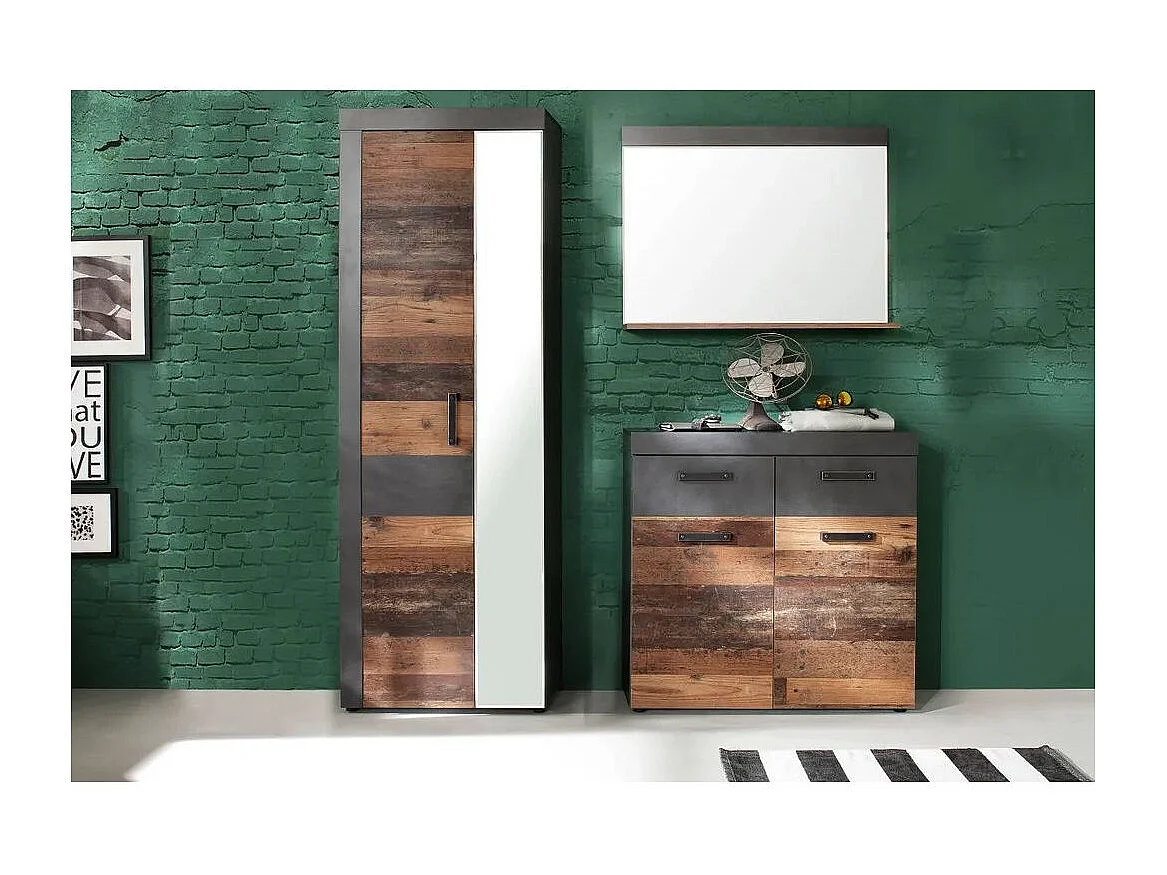 Miroir mural avec étagère mélaminé chêne foncé et gris Orcel