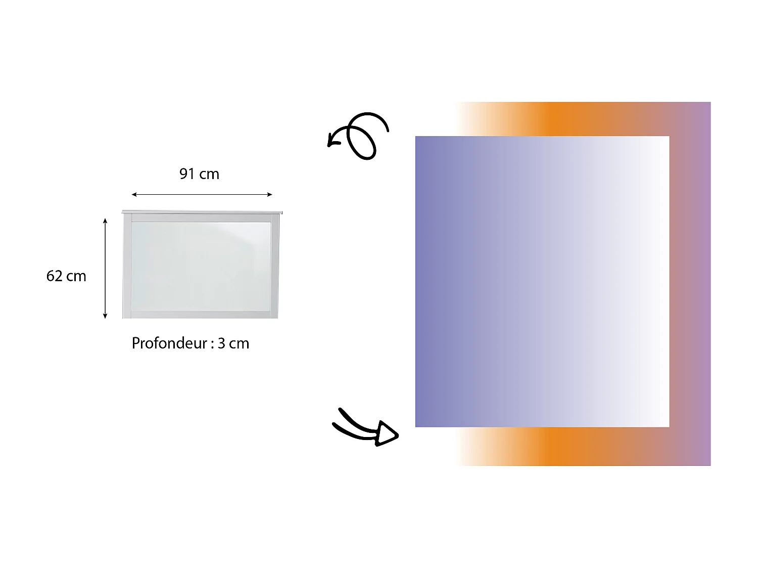 Miroir Mural en mélaminé couleur blanc. L-H-P: 91 - 62 - 3 cm