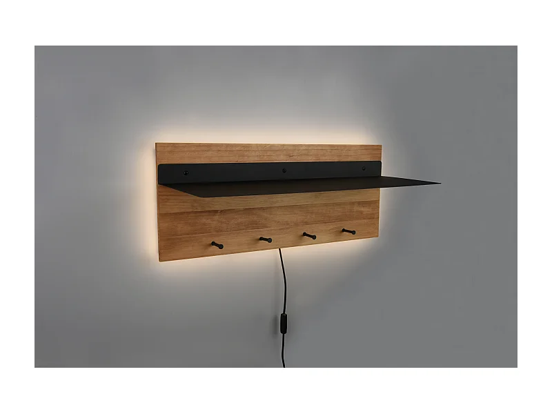 Samantha - Panneau d´accrochage mural avec crochets et bande LED - Naturel/Noir - 75x30x29,2cm