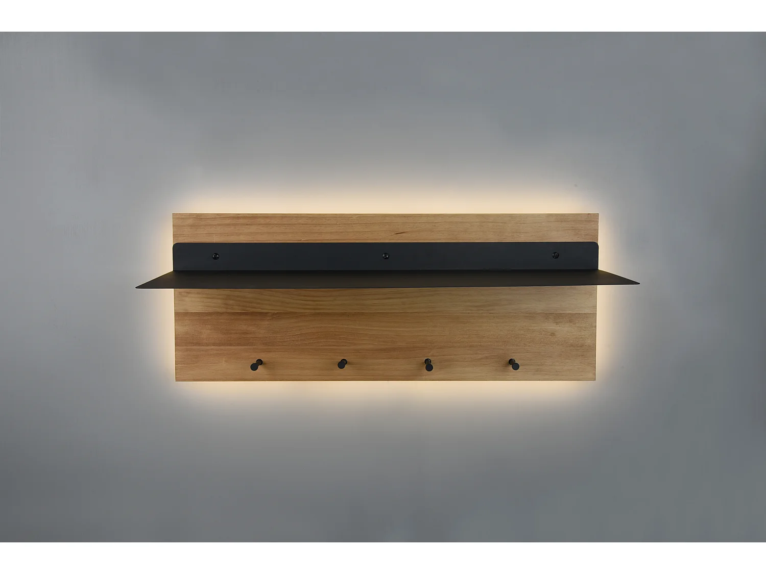 Samantha - Panneau d´accrochage mural avec crochets et bande LED - Naturel/Noir - 75x30x29,2cm