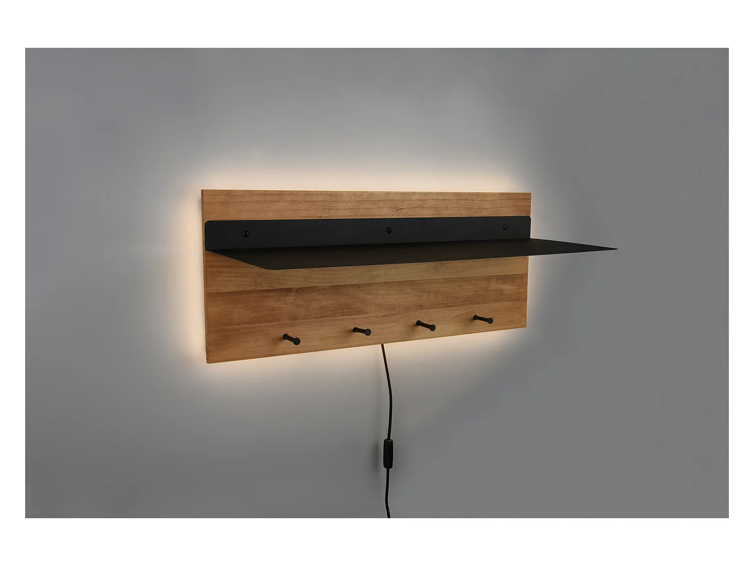 Samantha - Panneau d´accrochage mural avec crochets et bande LED - Naturel/Noir - 75x30x29,2cm