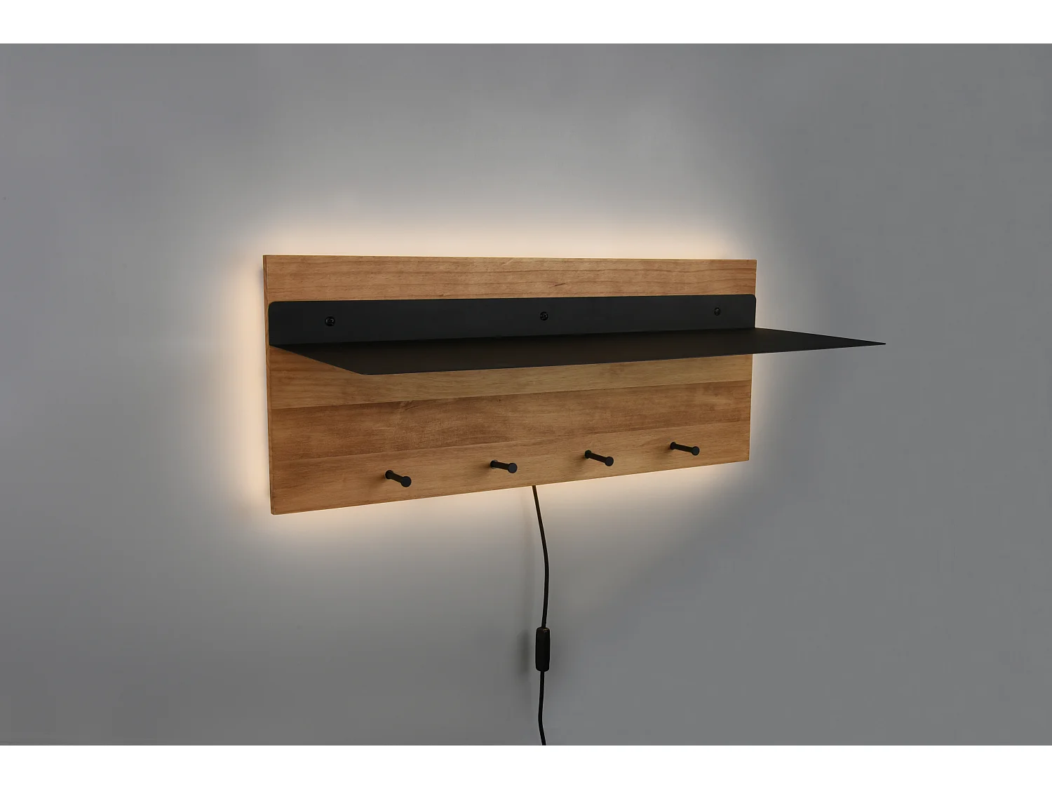 Samantha - Panneau d´accrochage mural avec crochets et bande LED - Naturel/Noir - 75x30x29,2cm