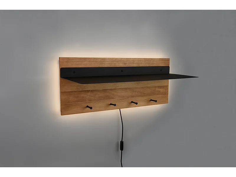 Samantha - Panneau d´accrochage mural avec crochets et bande LED - Naturel/Noir - 75x30x29,2cm