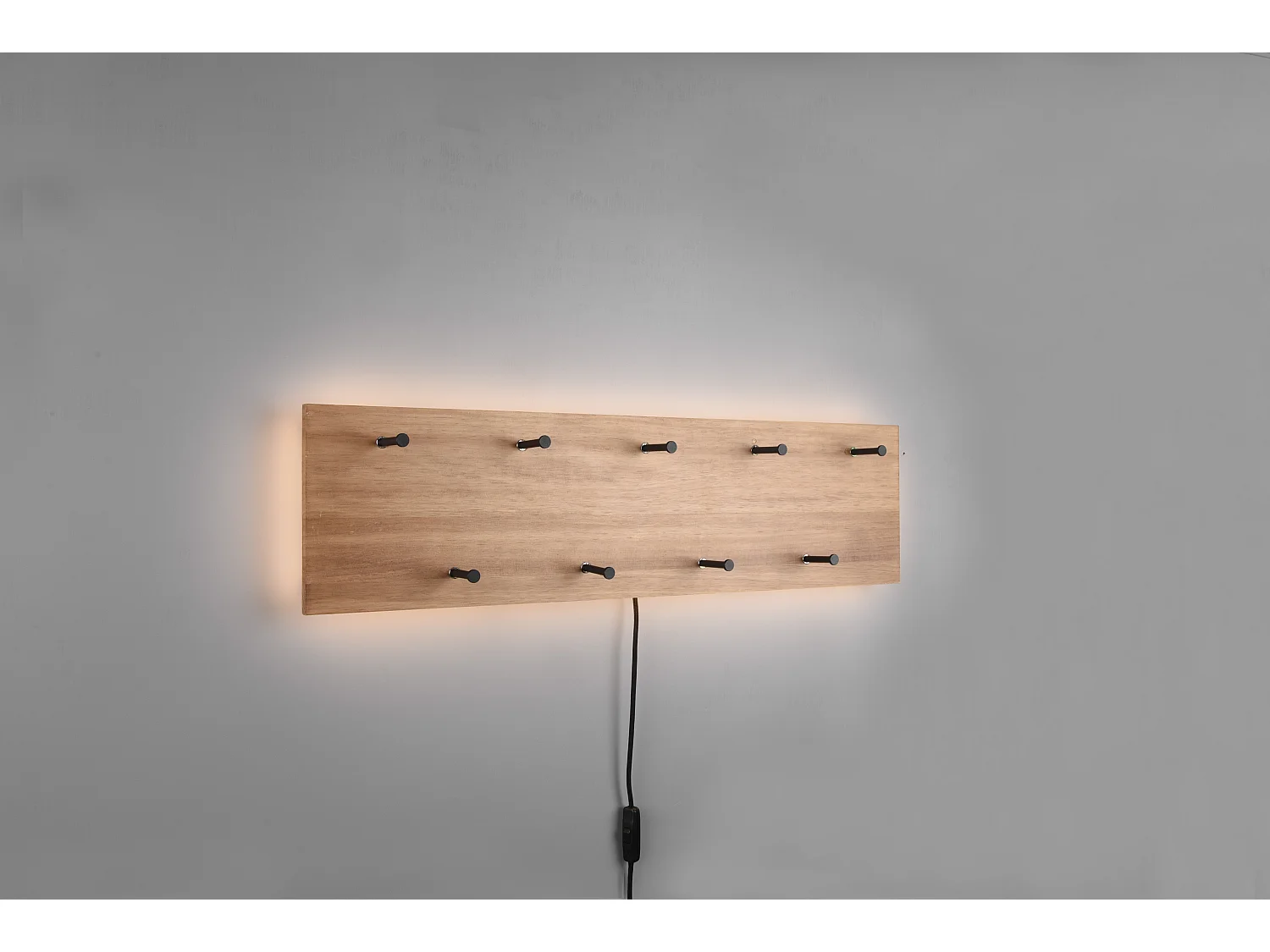 Samantha - Panneau d´accrochage mural avec crochets et bande LED - Naturel/Noir - 75x20x9,2cm