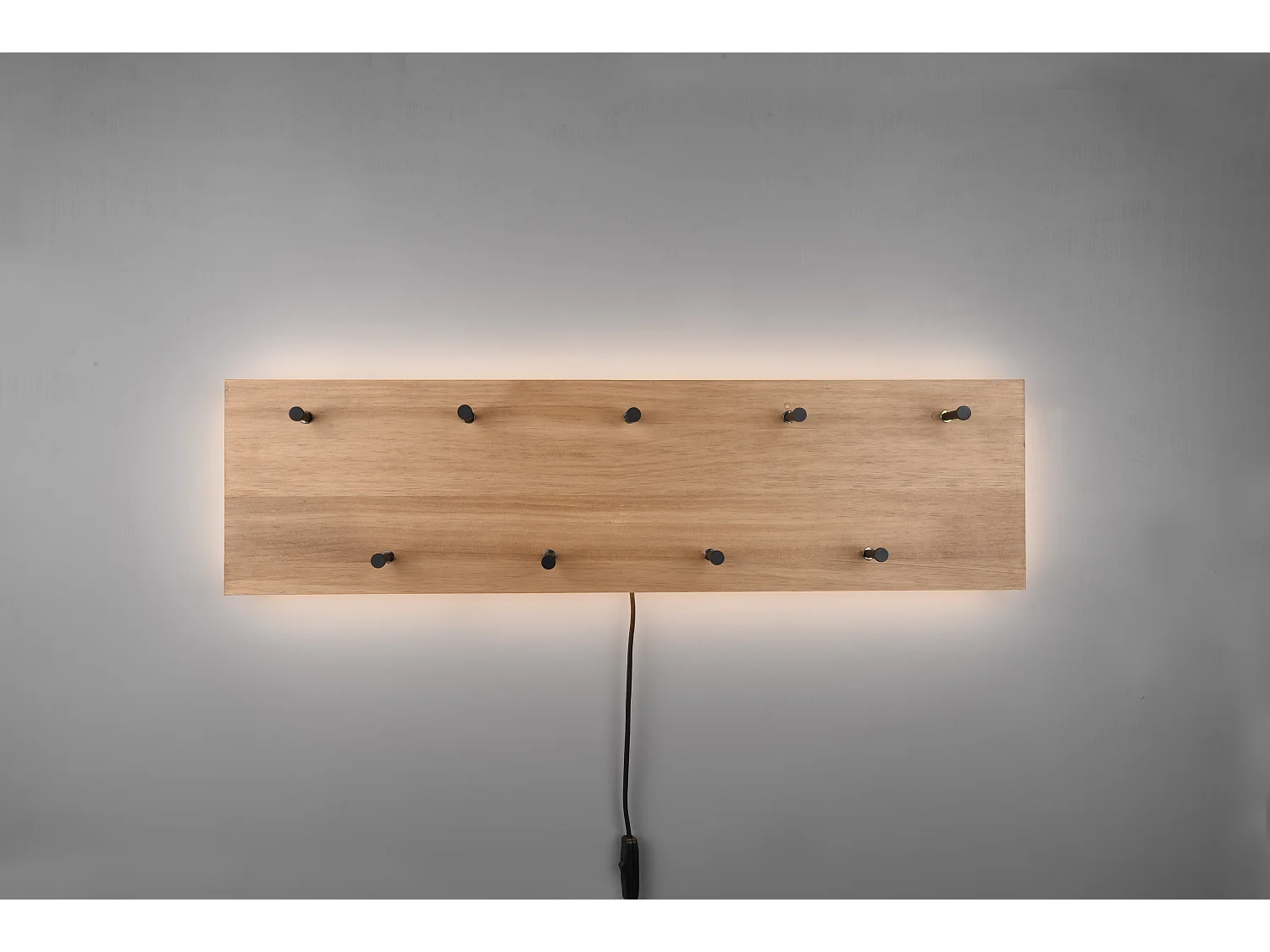 Samantha - Panneau d´accrochage mural avec crochets et bande LED - Naturel/Noir - 75x20x9,2cm