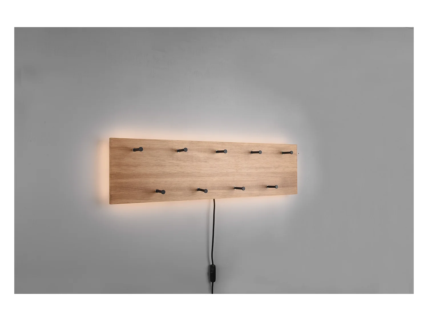 Samantha - Panneau d´accrochage mural avec crochets et bande LED - Naturel/Noir - 75x20x9,2cm