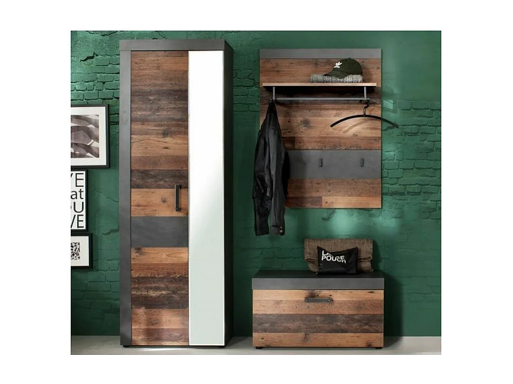 Porte-manteau 3 crochets mélaminé chêne foncé et gris Orcel