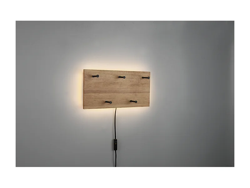 Samantha - Panneau d´accrochage mural avec crochets et bande LED - Naturel/Noir - 40x20x29,2cm