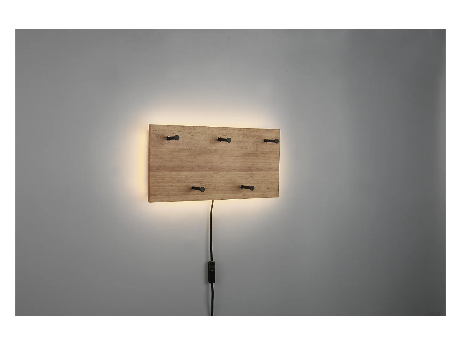 Samantha - Panneau d´accrochage mural avec crochets et bande LED - Naturel/Noir - 40x20x29,2cm