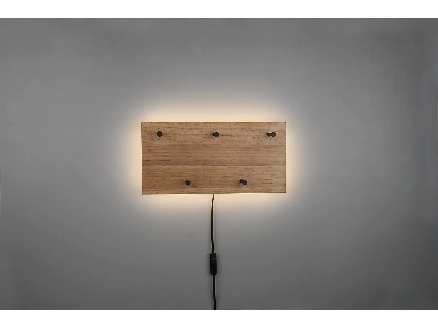 Samantha - Panneau d´accrochage mural avec crochets et bande LED - Naturel/Noir - 40x20x29,2cm